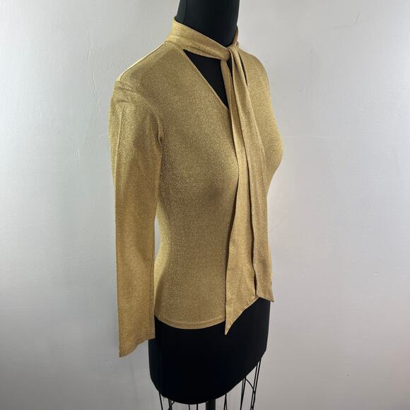 VINTAGE Jill Stuart Metallic Gold Blouse Knit Tie-Neck Long Sleeve Size Small S - Picture 7 of 11